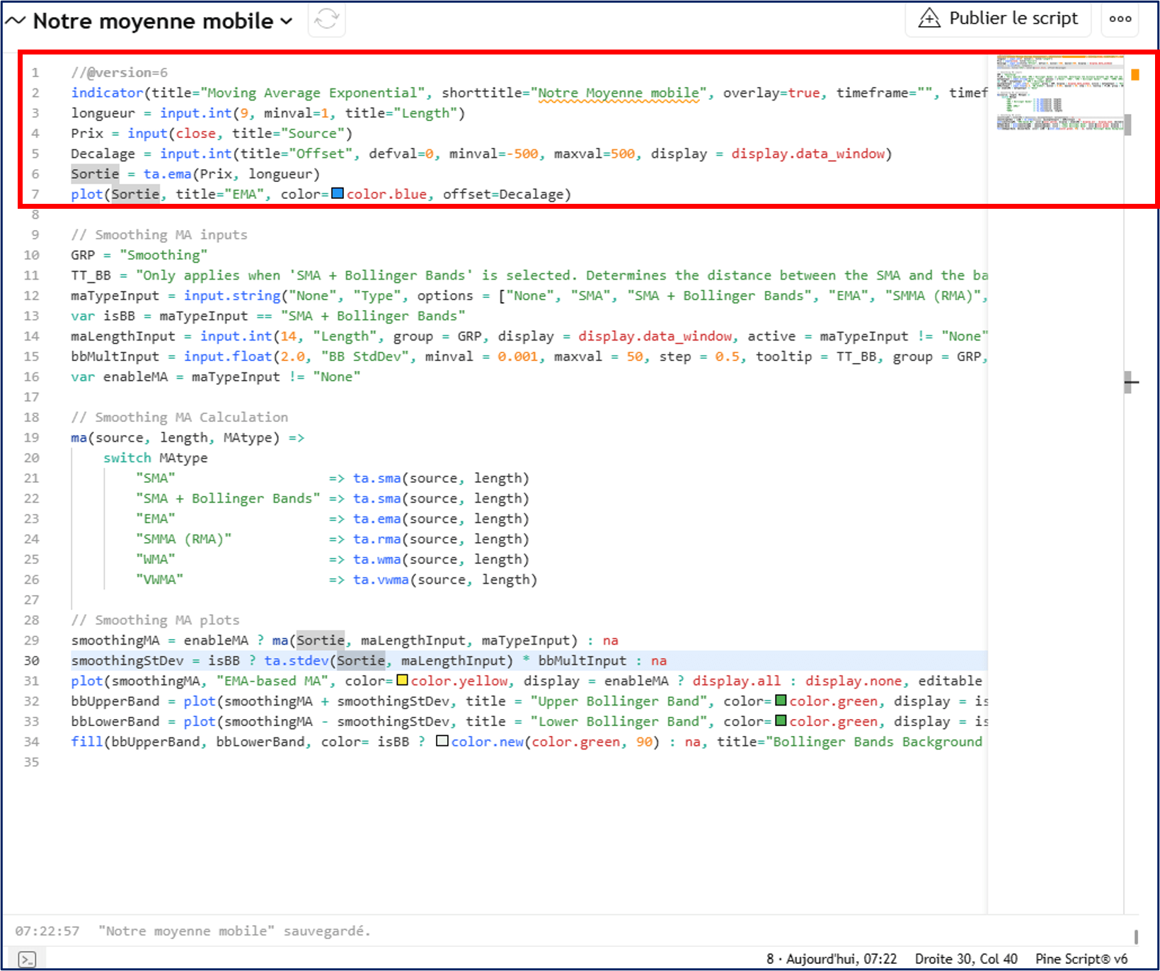Code source de la moyenne mobile exponentielle dans Tradingview